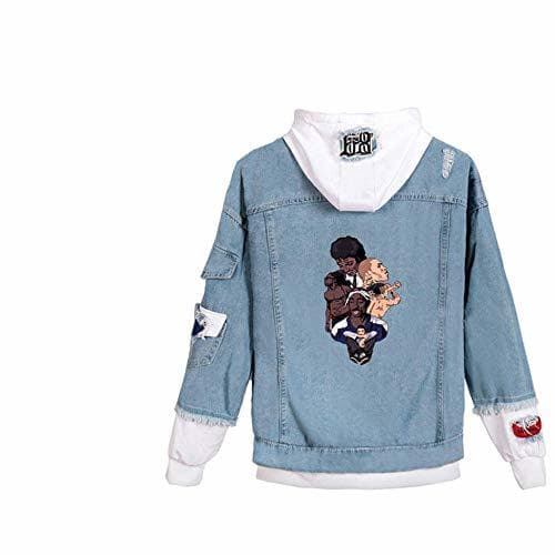 Product WangQiShang Hombres Mujeres Rapper 2Pac Impreso Moda Coreana Chaqueta de Mezclilla Casual