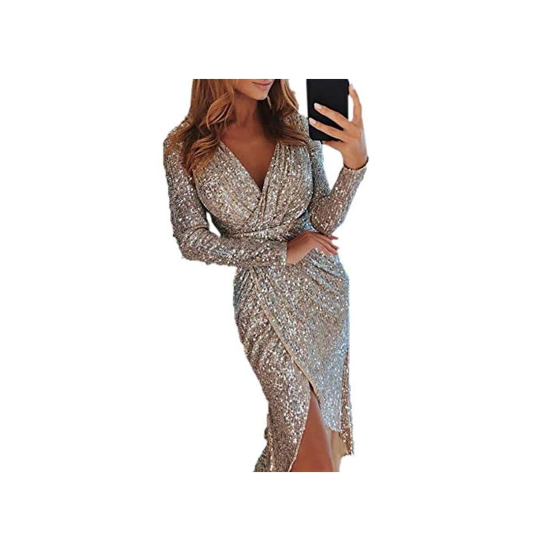 Producto Metyere Women Sequin Glitter Long Dress Sparkly Bodycon Evening Cocktail Party V Neck