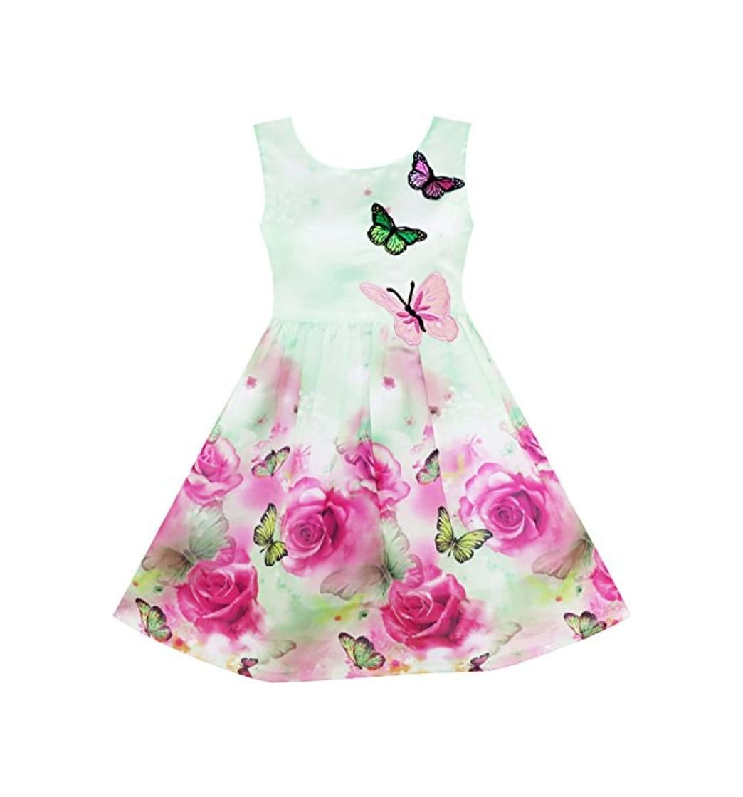 Product Sunny Fashion Girls Dress Rose Flower Print Butterfly Embroidery Green Vestido