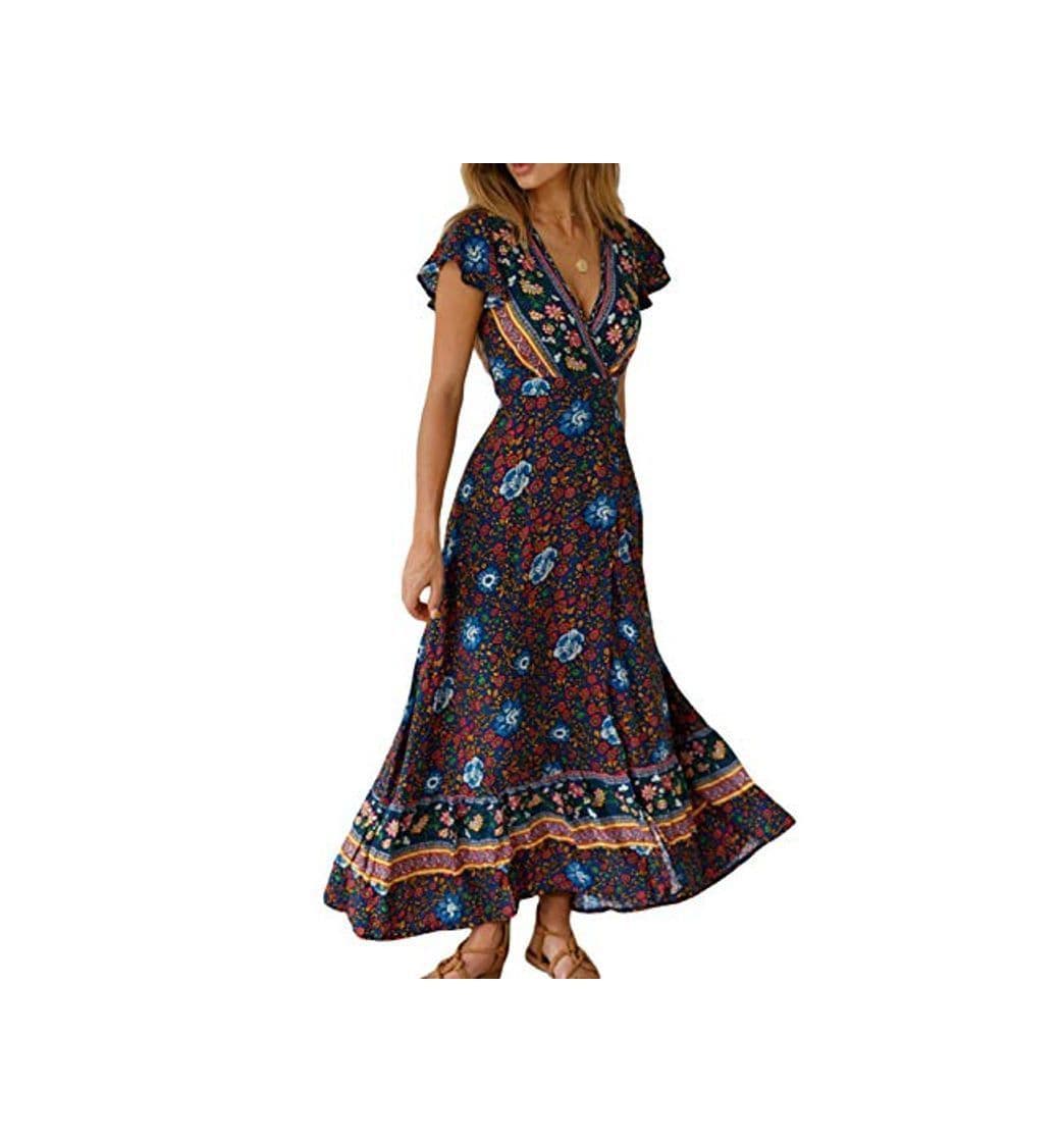 Fashion Vestido Mujer Bohemio Largo Verano Playa Fiesta Floral Manga Corta Cuello en