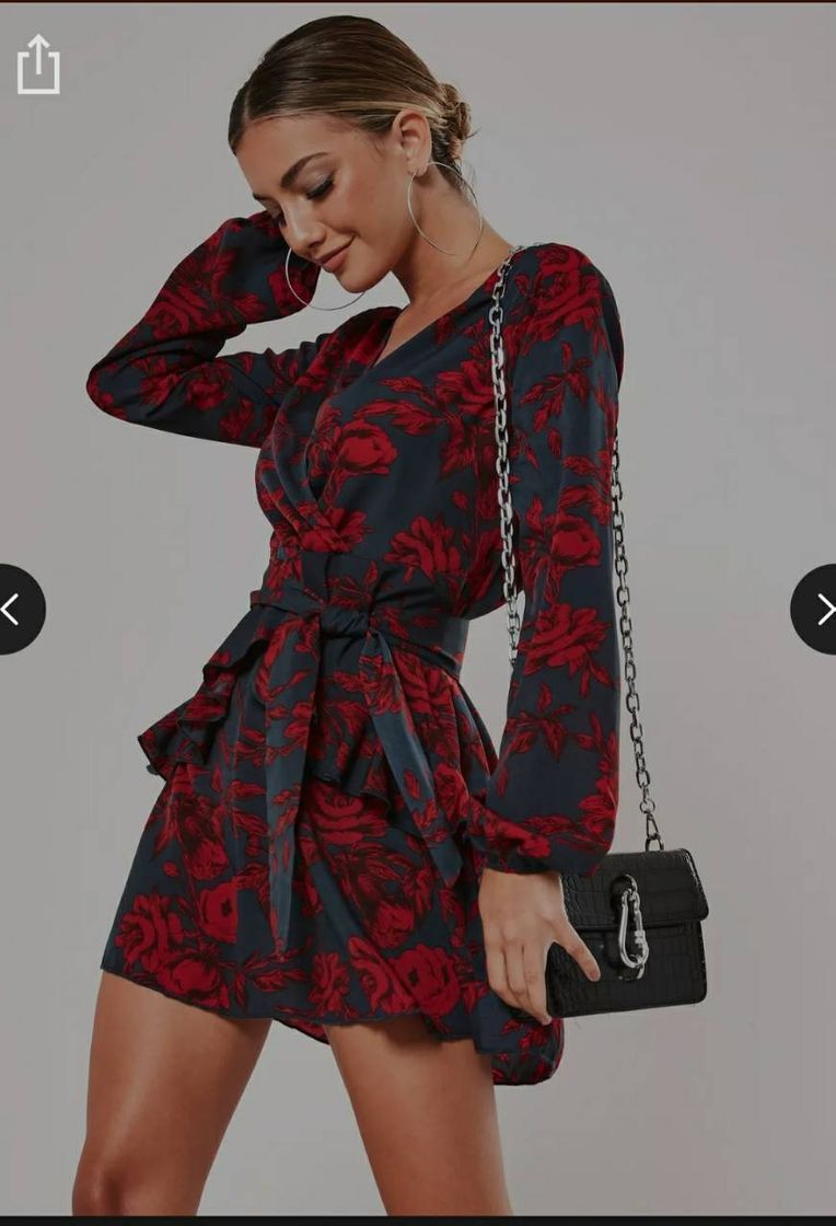 Product Red Floral Frill Waist V Neck Smock Dress