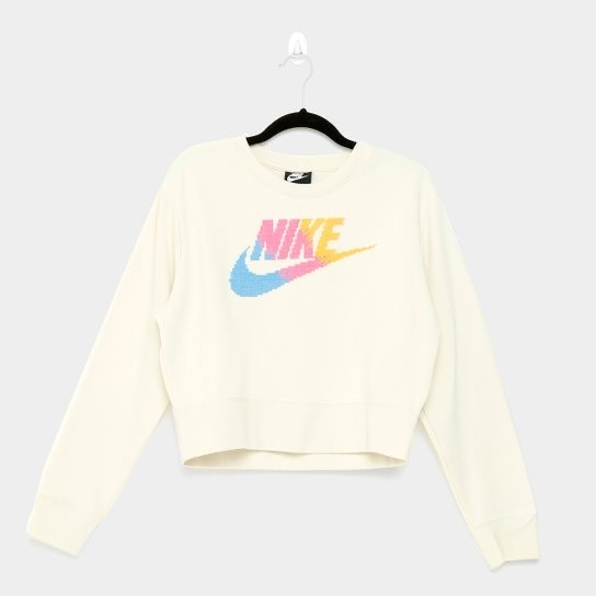 Moda Blusa Nike NSW Crew Cropped Manga Longa Feminina - Branco