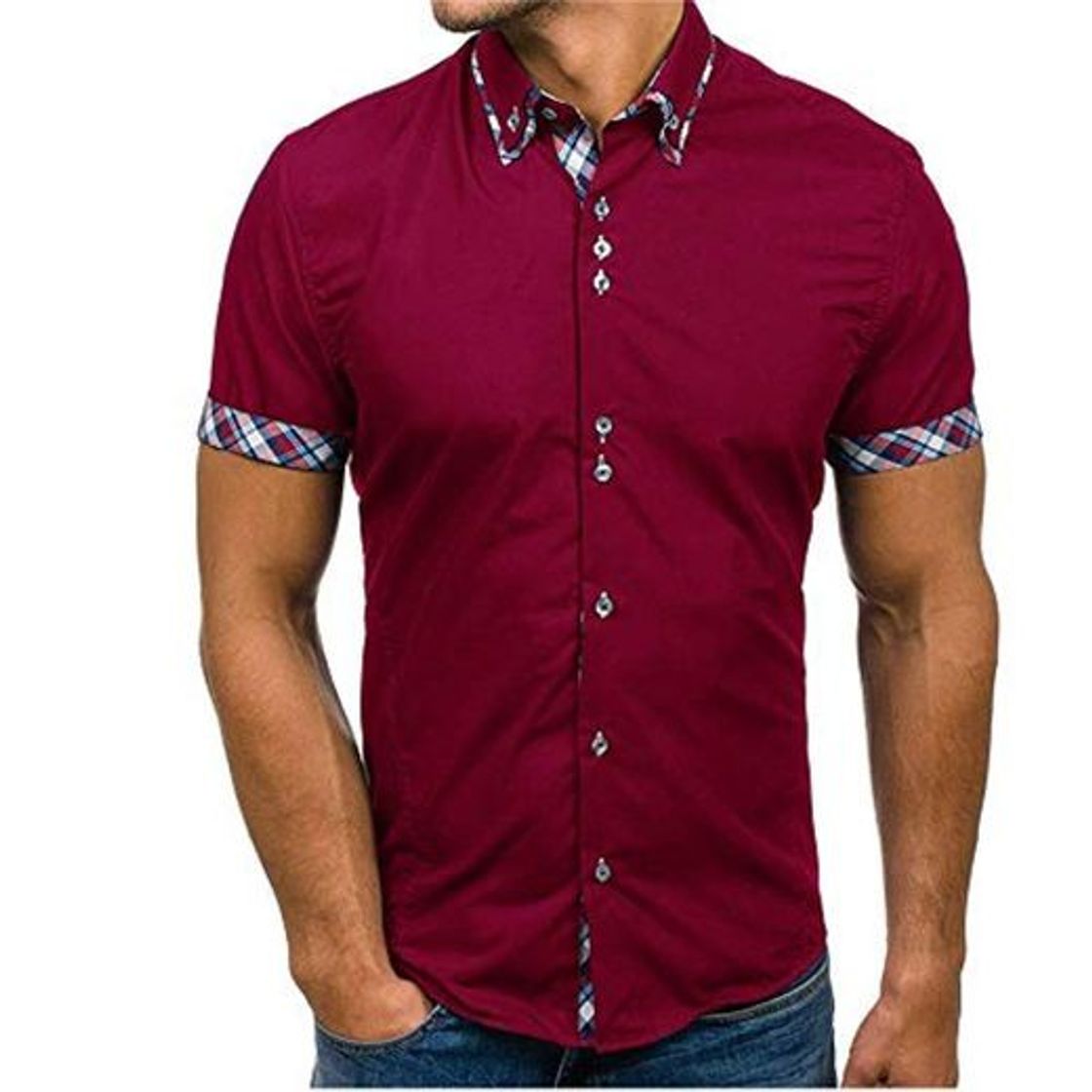 Moda JINYAUN Slim Fit Camisa Masculina Moda Hombre Business Patchwork Botón Casual Plaid Manga Corta Top Blusa cómoda Vino Tinto M