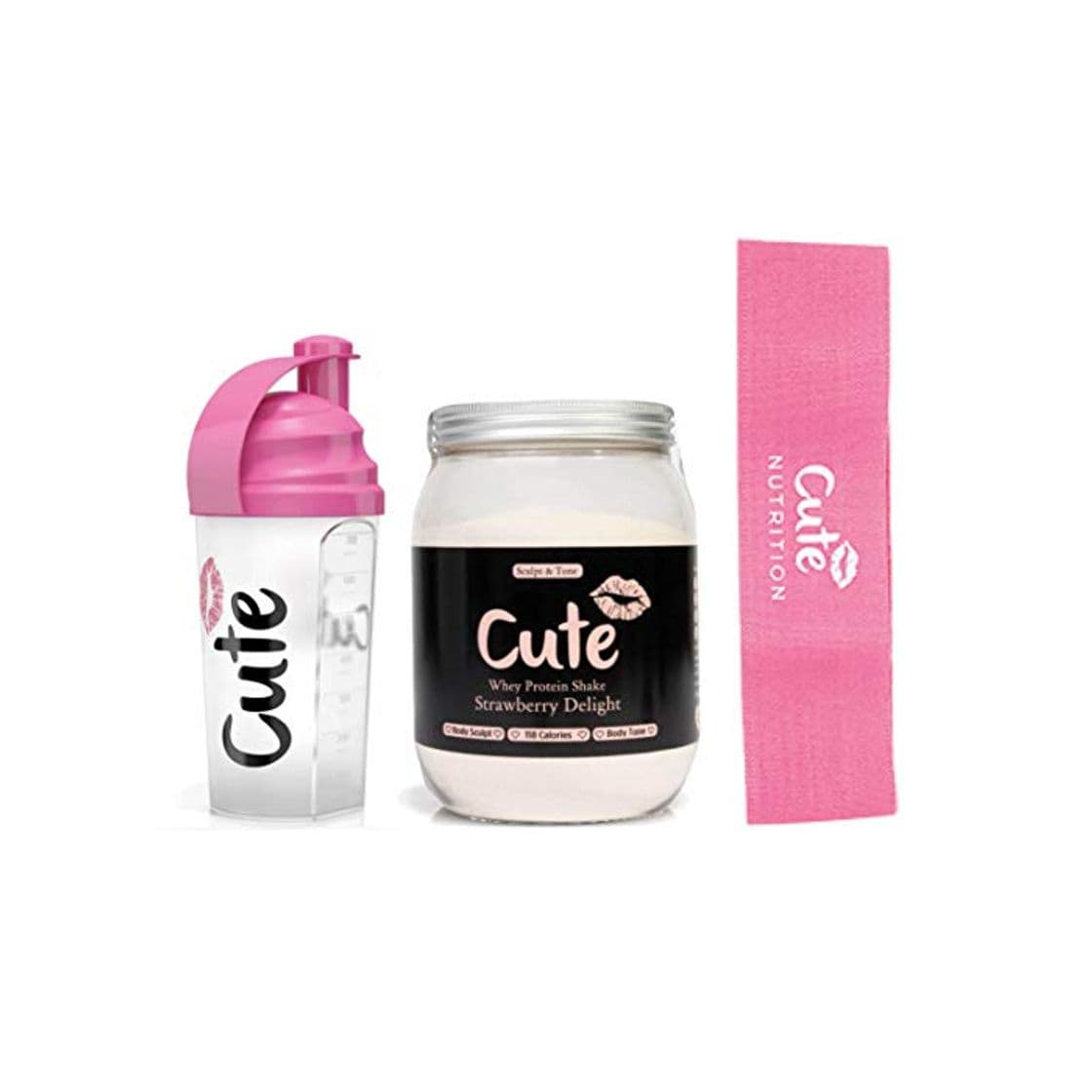 Product Cute Nutrition Batido de Proteína de Suero de Fresa Esculpe y Tonifica Bote de 500g con Coctelera Shaker Rosa 700 ml y Banda Rosa de Resistencia Media