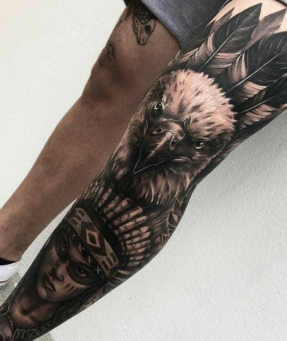 Fashion Tattoo na perna  gray e Black indígena águia 🔥💥💯😍