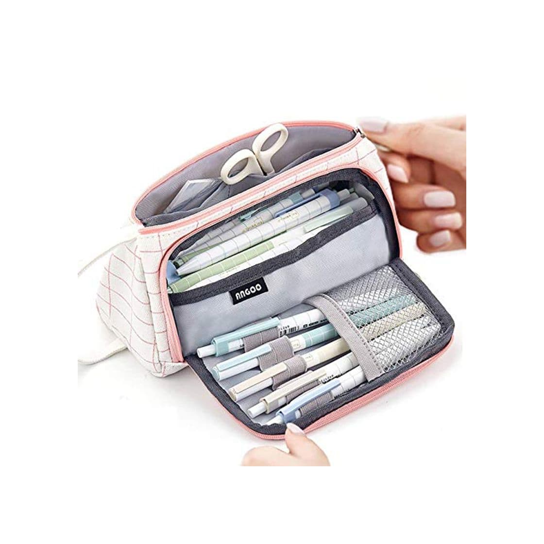 Product Multifuncional Estuche de lápices de Gran Capacidad Bolsa de Lona Premium Bolsa de lápiz Organizador de papelería para niña（Blanco a cuadros）