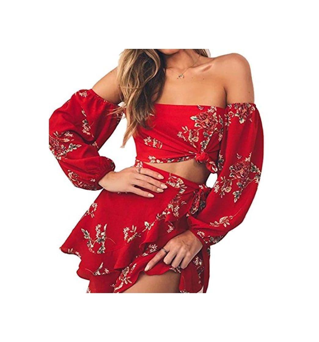 Product Longwu Mujer Boho Flower Impreso Off Shoulder Outfits Conjunto de Dos Piezas