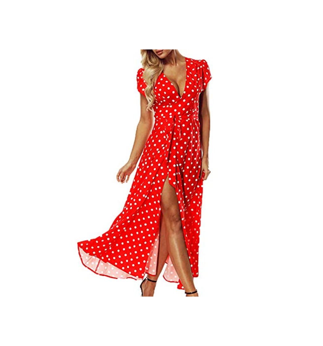 Producto ACHIOOWA Mujer Vestido Elegante Casual Playa Bohemio Dress Lunares Cuello V Manga Corta Escote Fiesta Cóctel Falda Larga Rojo 2XL