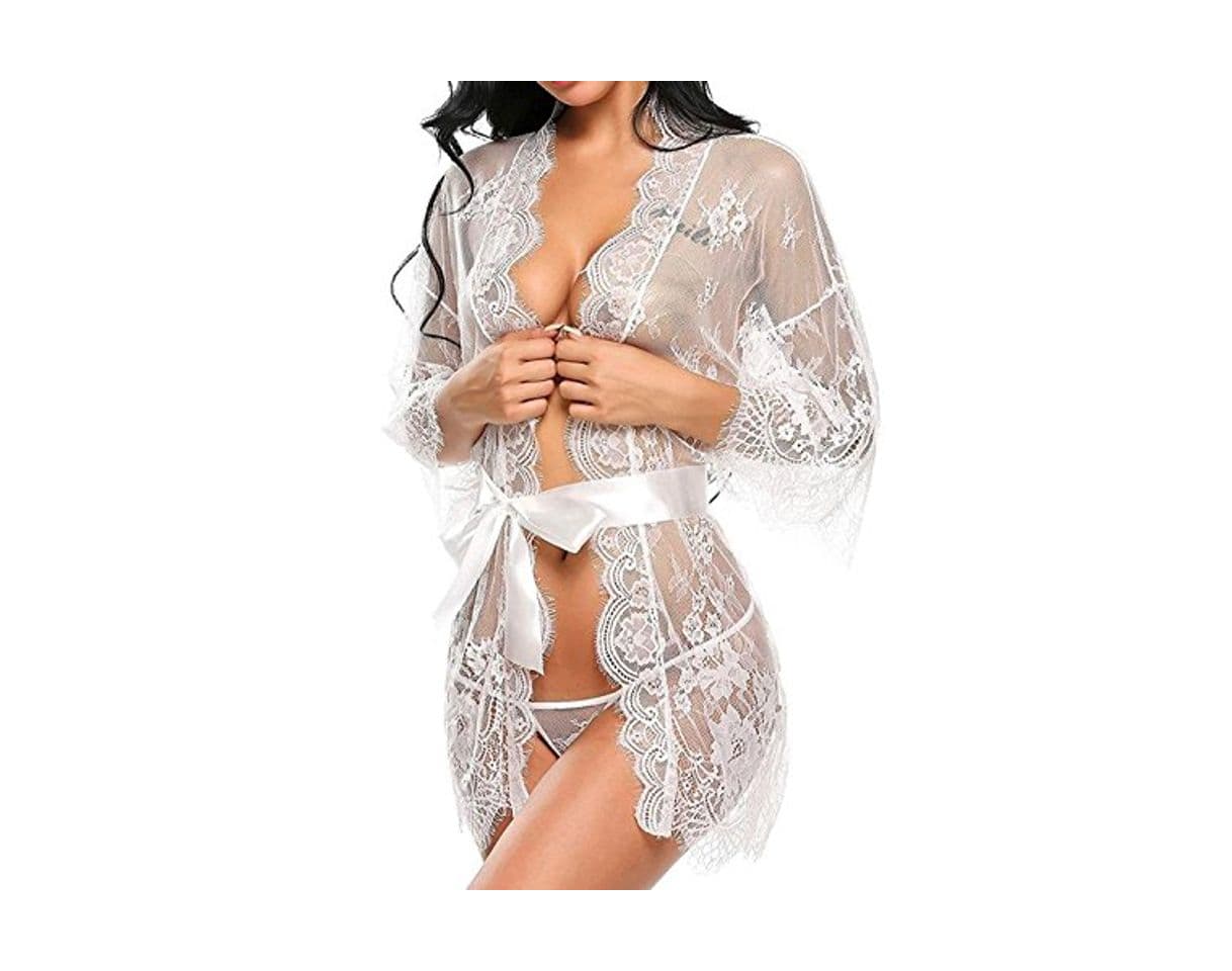 Product Tuopuda Mujer Bata Kimono Encaje Dormir Babydoll Camisón Malla y Tanga Conjunto y Cinturón