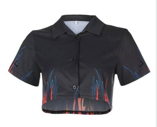 Moda Red And Blue Flame Button Up Crop TOP

