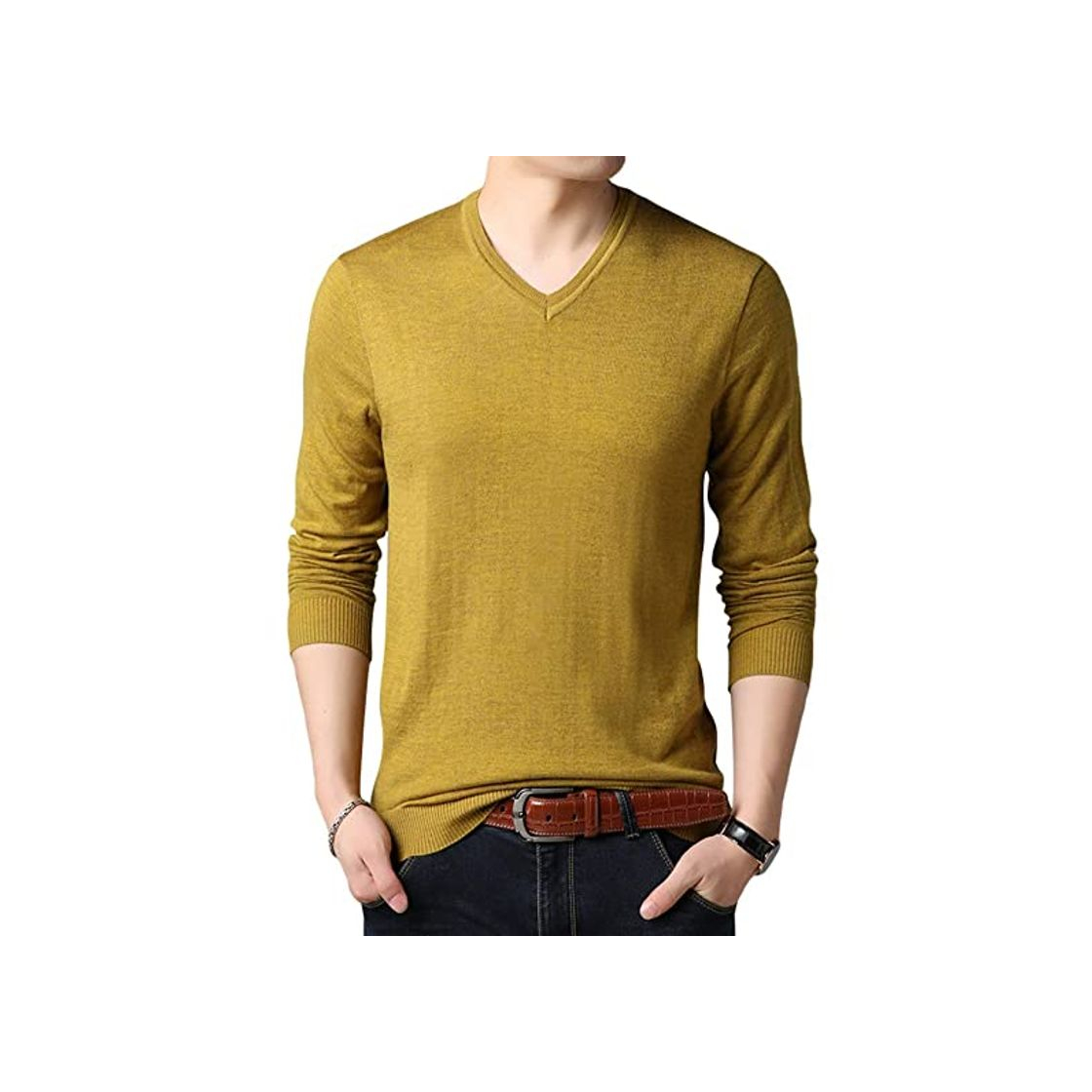 Product Jersey de Cuello V Manga Larga Suéter de Punto Pullover para Hombre Amarillo XL