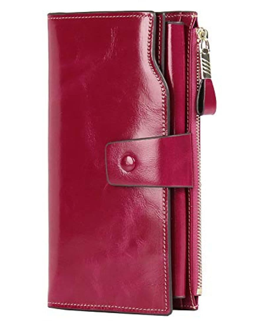 Product PARVENZA Mujer Monedero RFID Bloqueo Cartera Gran Capacidad Billetera Cera Cuero Genuino Monederos Rosa PVZ0702R