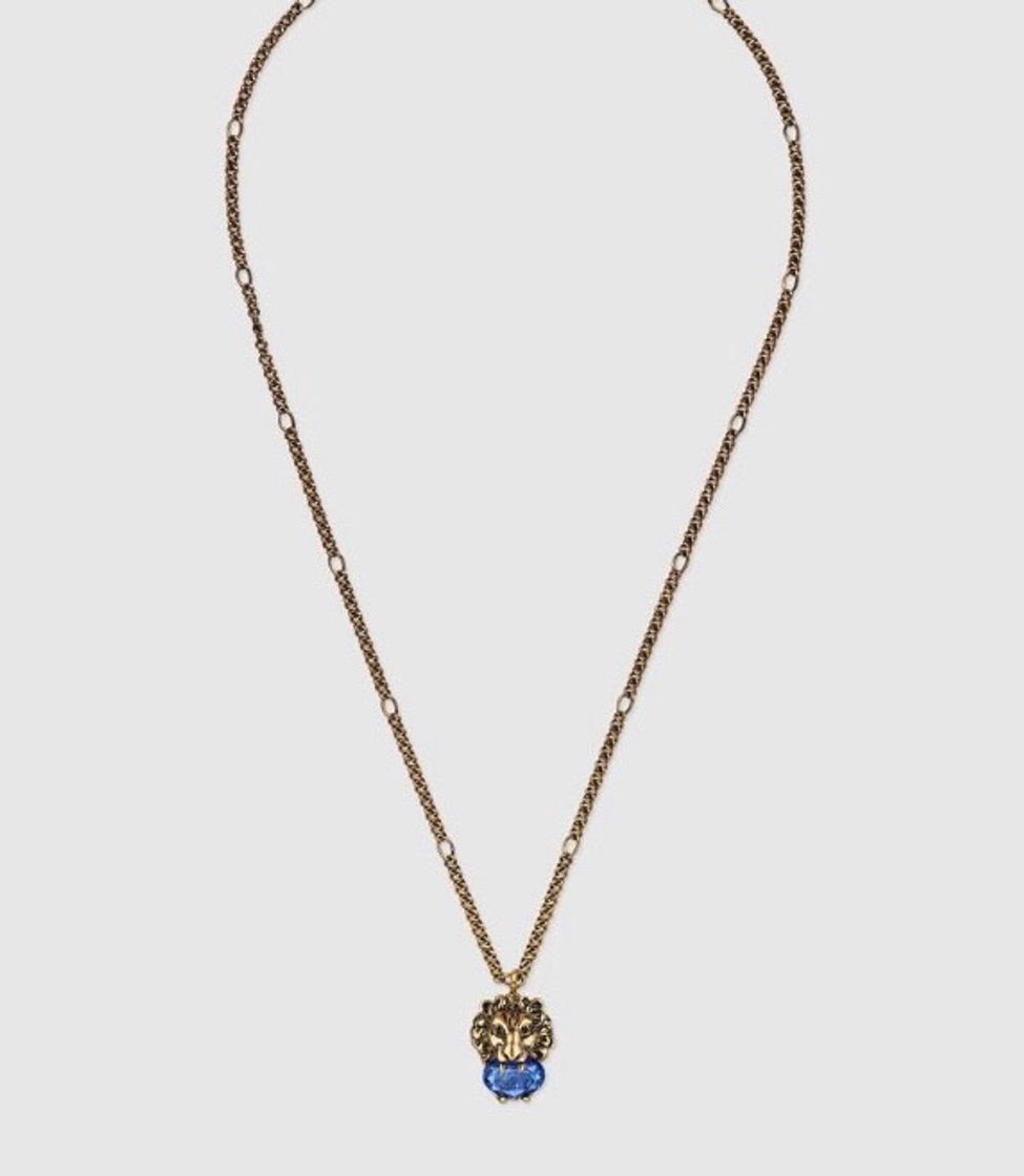 Producto Aged Gold Finish Lion Head Necklace With Blue Crystal