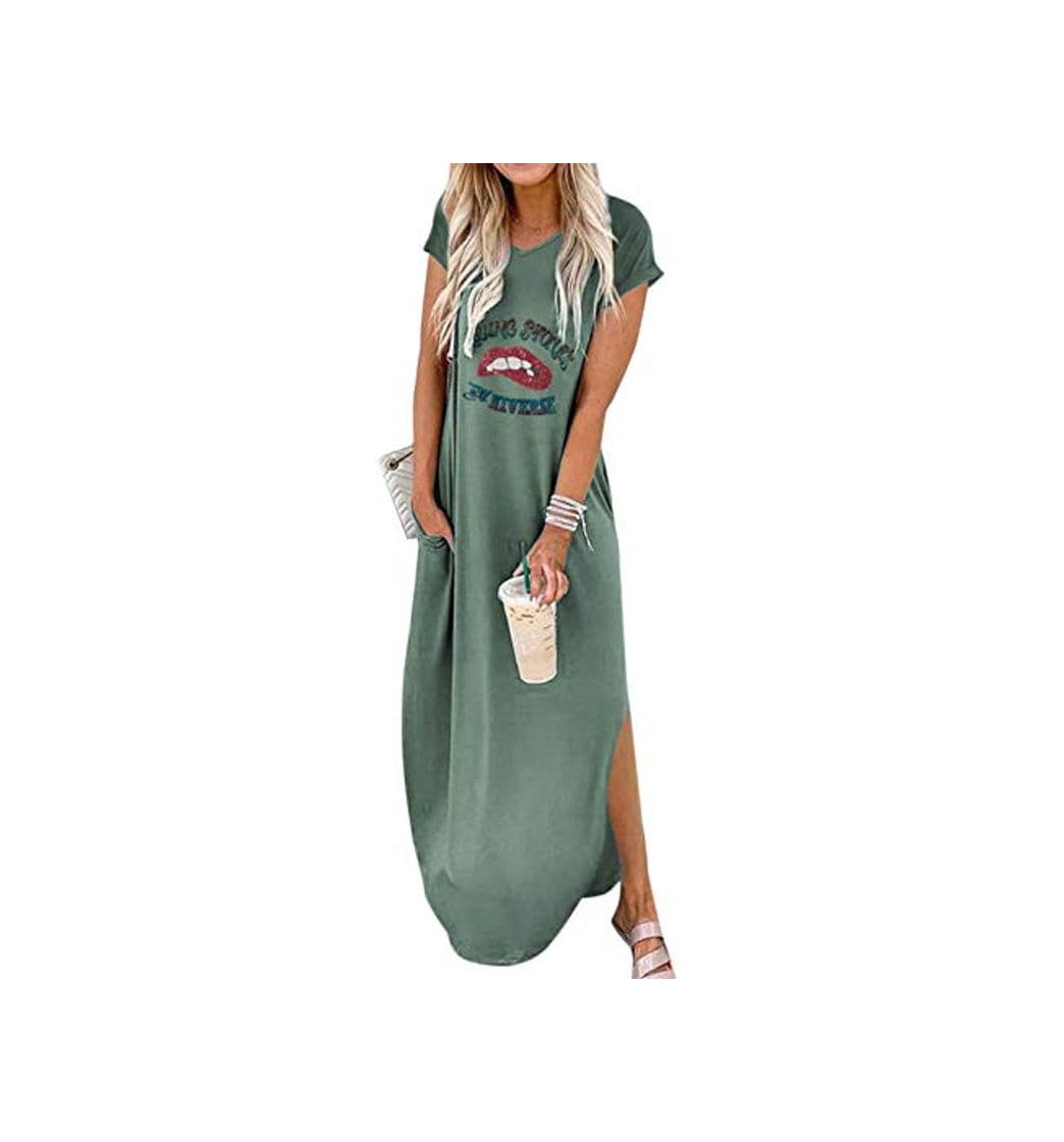 Producto Vestido Largo Casual de Mujer Bolsillos de Manga Corta de Verano Vestidos Largos de Playa con Aberturas Verde L