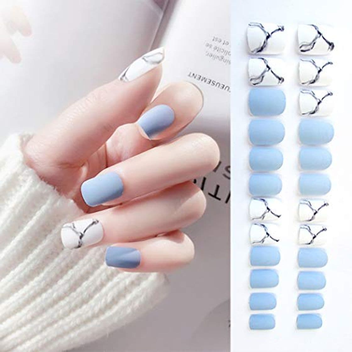 Product Sethexy Puntas de uñas de grano mate White & Bule Medium Diseño