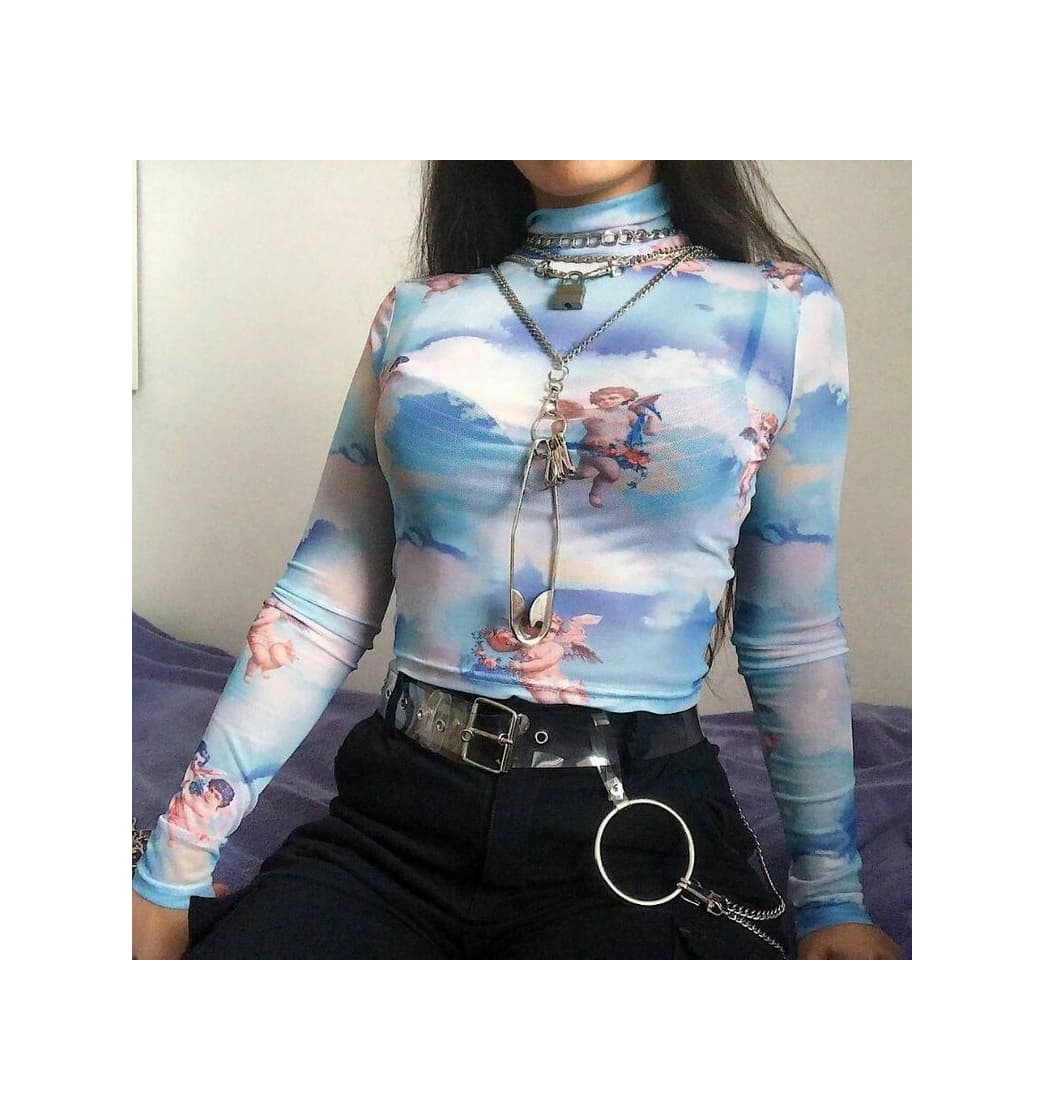 Product TENDYCOCO Mujeres de ángel Ver a través de la Camiseta Sexy Mesh Crop Tops Manga Larga Sheer Summer Tops