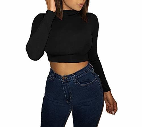 Producto OUFour Otoño Invierno Mujeres Slim Crop Tops Casual Camisetas de Manga Larga