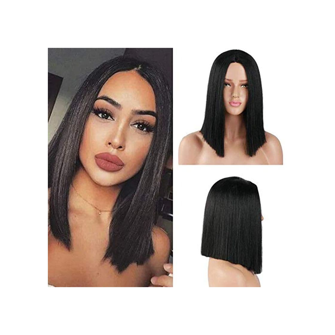 Product pelo lacio sintético negro corto Bob pelucas peluca de la parte media para mujeres niñas traje diario usar peluca 14 pulgadas