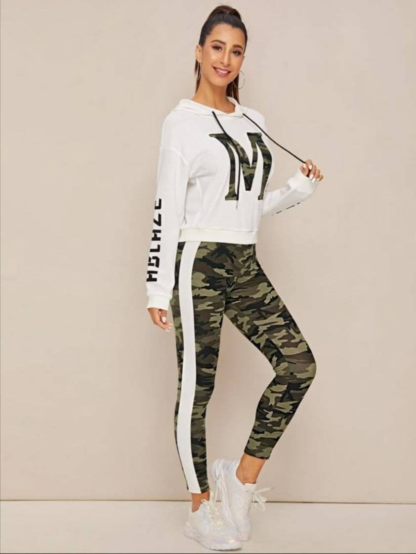 Fashion Letter and Camo Hoodie and Contrast Sideseam Leggings Set