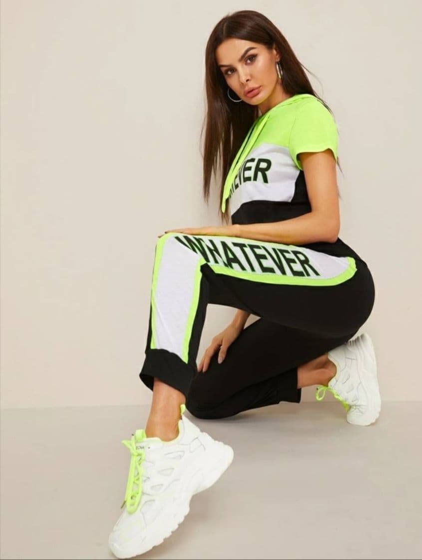 Fashion Neon Panel Top & Letter Tape Side Sweatpants