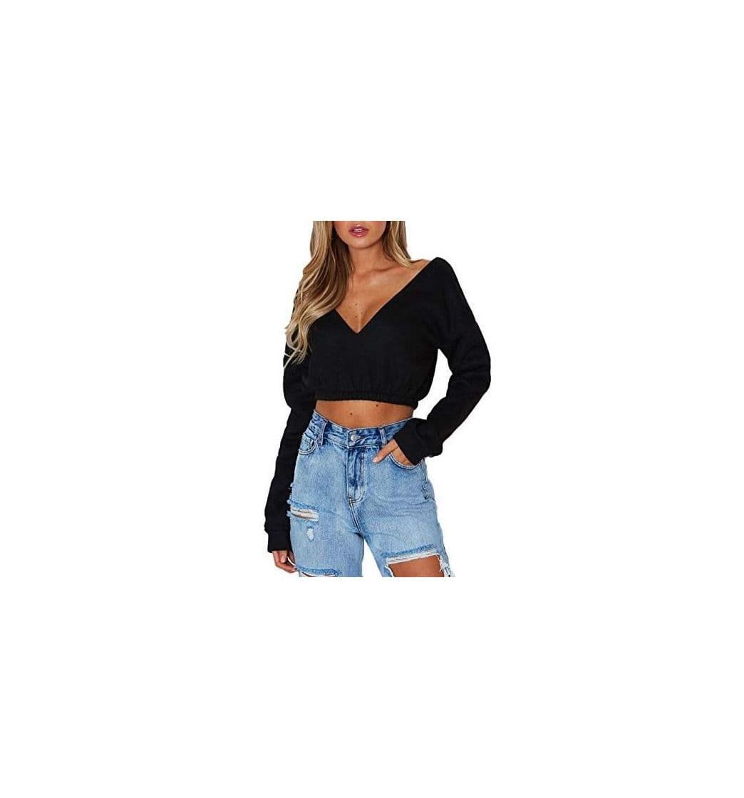 Product OUFour Primavera y Otoño Mujeres Crop Top Cuello V Manga Larga Remata