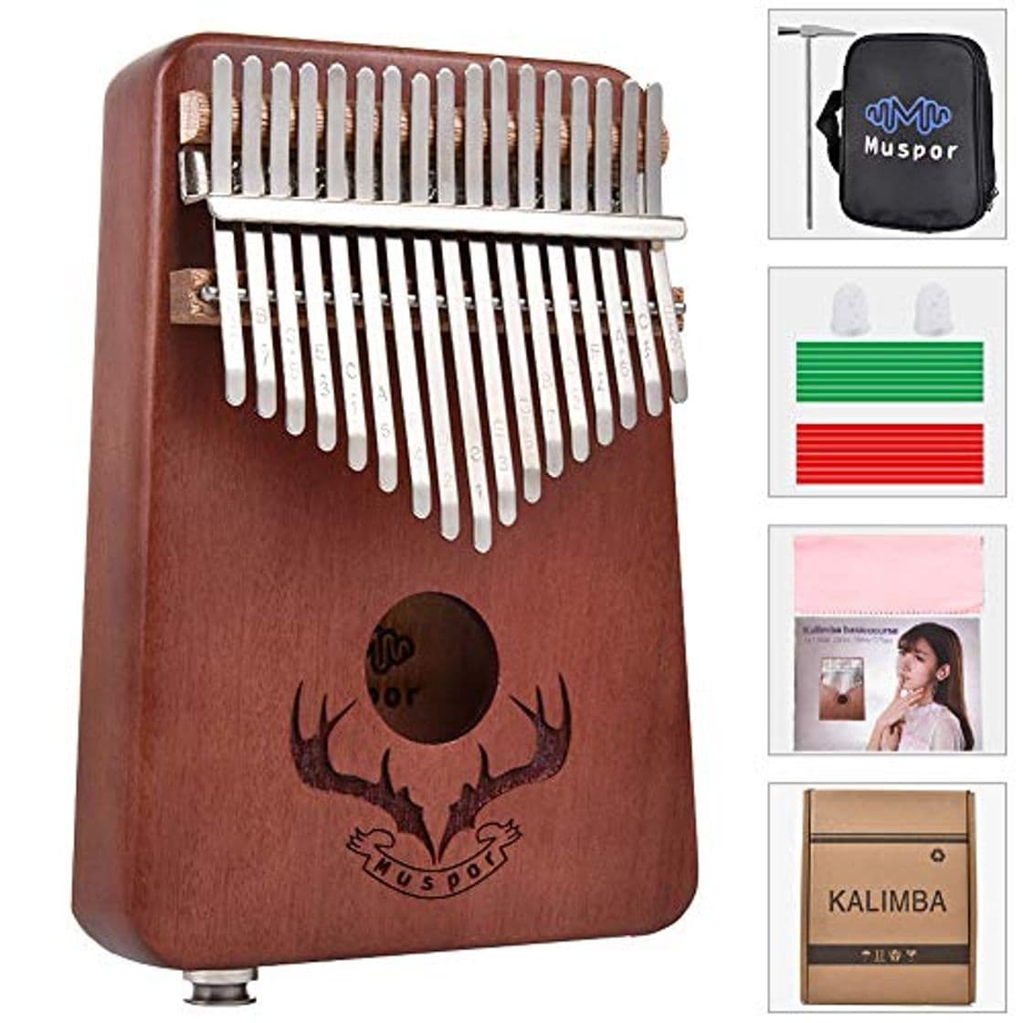 Product Redcolourful 17 Teclas EQ Kalimba Caoba Piano de Pulgar Kalimba Piano de Dedo con sintonizador eléctrico Martillo Principiante Aprendizaje de música marrón