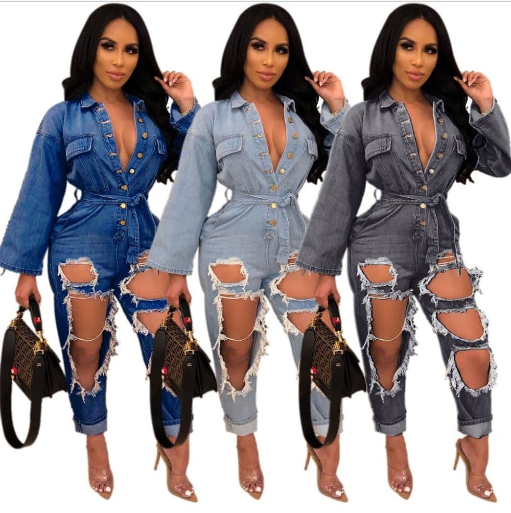 Producto Overol de Mujer Jean Monos de Mezclilla sin Mangas Delgados con Agujeros Rasgados Casuales Azul M