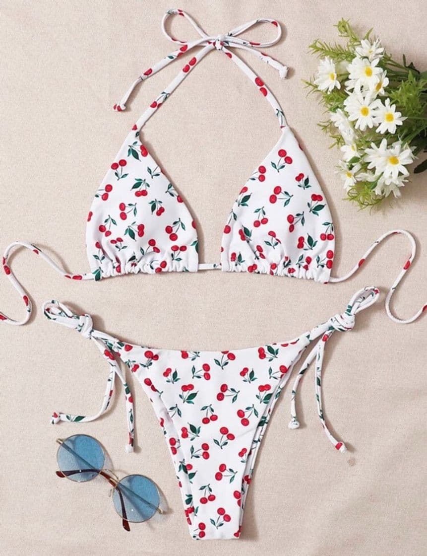 Fashion Cherry Print Self-Tie Bikini Swimsuit 