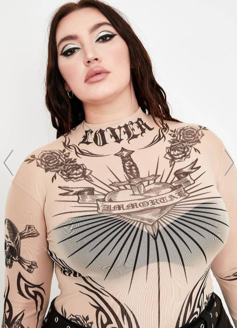 Moda Plus Size Current Mood Tattoo Mesh Top - Tan Brown | Dolls Kill