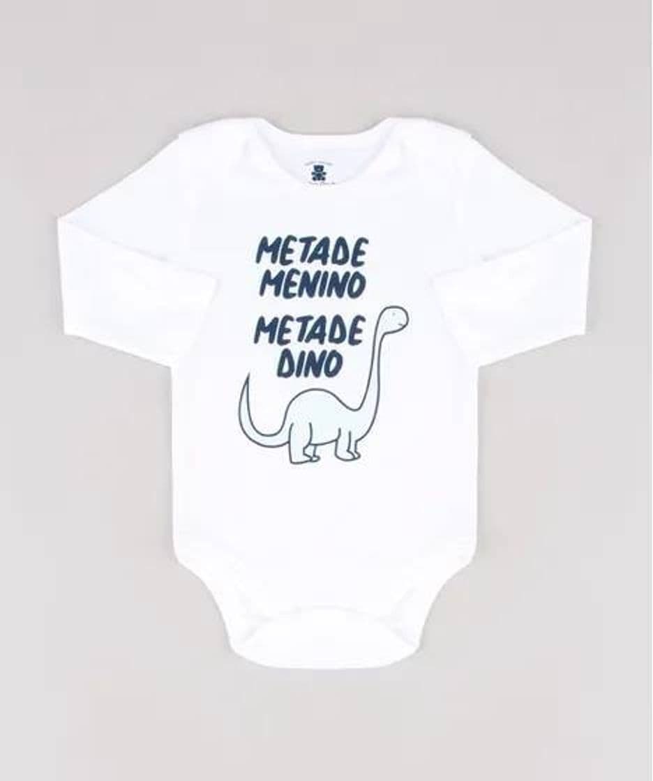 Fashion body infantil "metade menino metade dino" manga longa branco