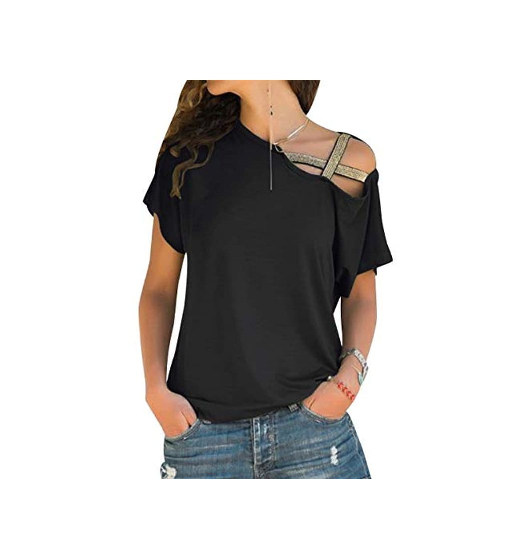 Product Camiseta Hombros Descubiertos Mujer Camisetas Lisas Sin Hombros Manga Corta Mujeres Oversize Anchas Tops Verano Casual Remeras Largas Damas Playeras Camisas Señora Blusas Amplias Negro XL