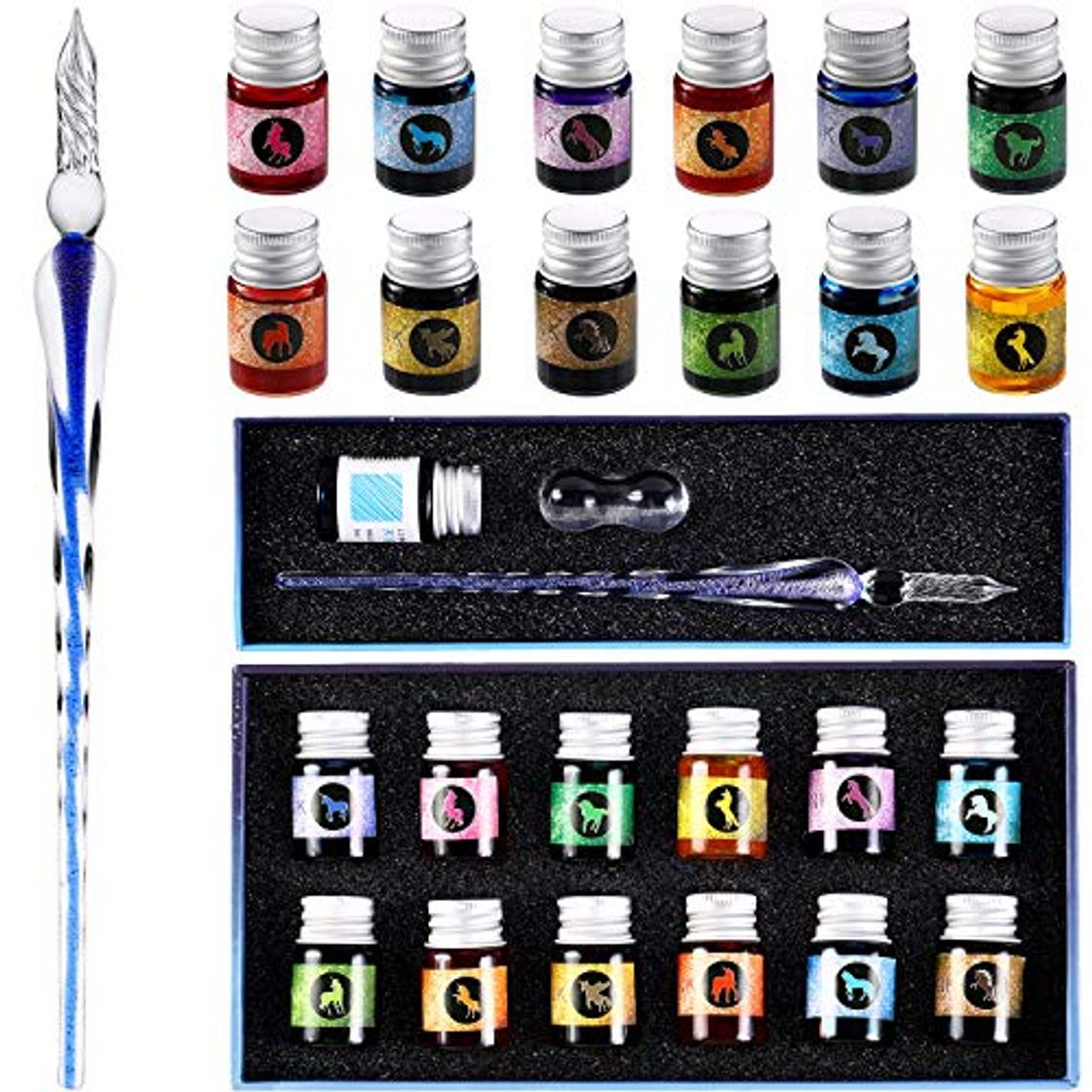 Producto Juego de Pluma de Vidrio de Tinta 15 Piezas Pluma de Cristal de Arcoiris con 12 Botellas de Tinta Colorida para Escritura de Tarjetas de Regalo Firmas Caligrafía