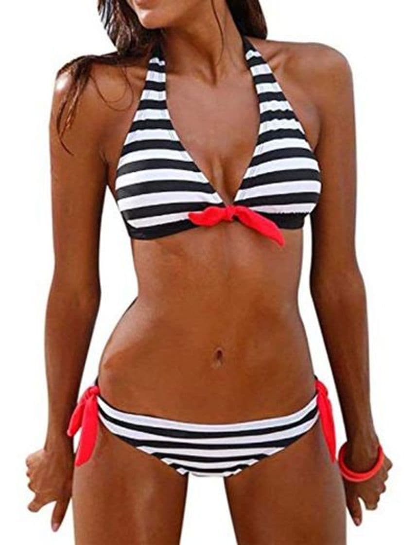 Producto Voqeen Mujer Bikini Rayas Cabestro Traje de baño Acolchado Ropa de Playa de Dos Piezas