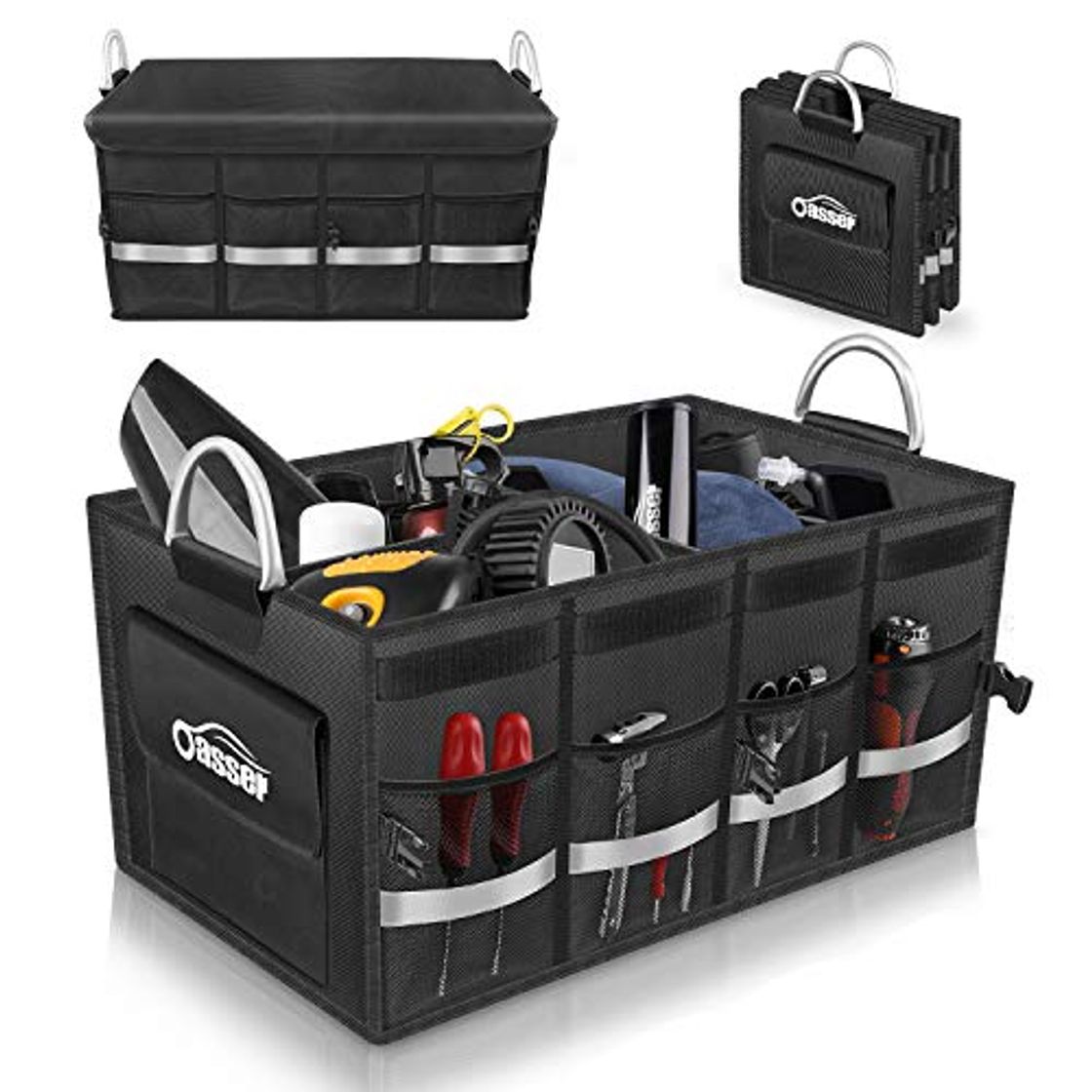 Product Oasser Organizador Maletero Coche Caja Maletero Coche Bolsa Maletero Coche Organizador Coche con Tapa Gran Capacidad Varios Compartimentos Asas Resistentes Impermeable Plegable Negro E3