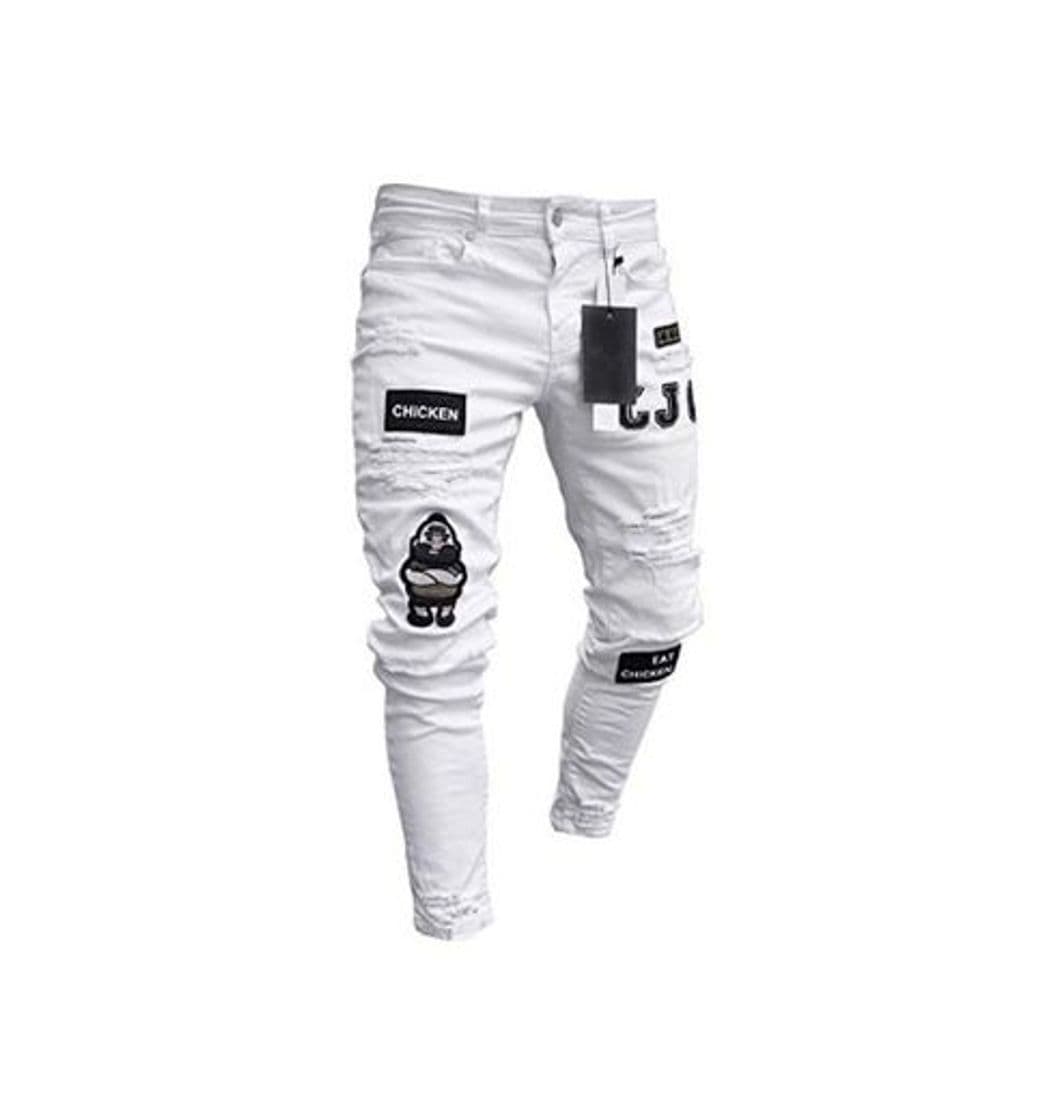 Product Pantalones Vaqueros Hombres Rotos Pitillo Slim Fit Skinny Pantalone Casuales Elasticos Agujero Pantalón Personalidad Jeans de Insignia Blanco L