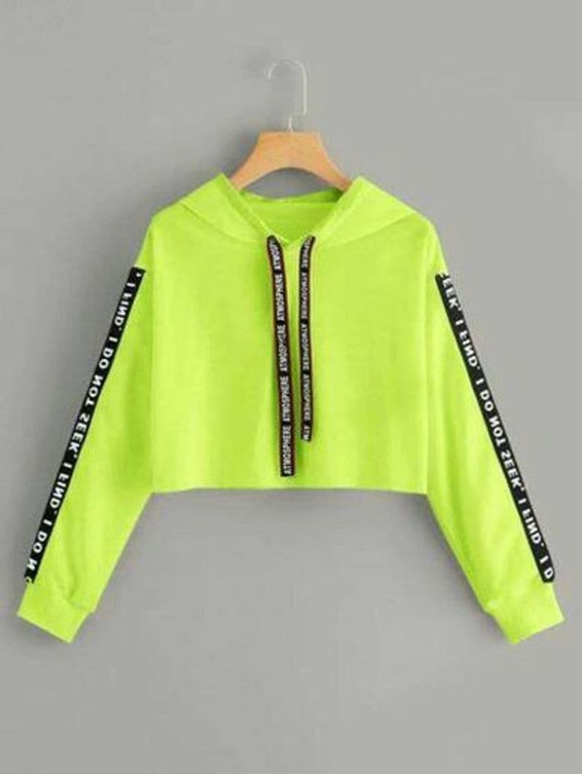 Moda Neon Lime Letter Tape Drawstring Crop Hoodie

