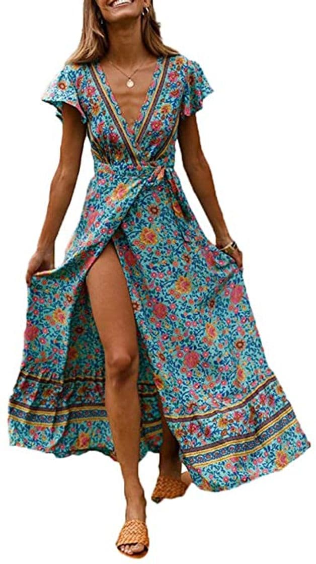 Producto Vestido Mujer Bohemio Largo Verano Playa Fiesta Floral Manga Corta Cuello en V Talla Split Wrap Maxi Vestidos 5 XL