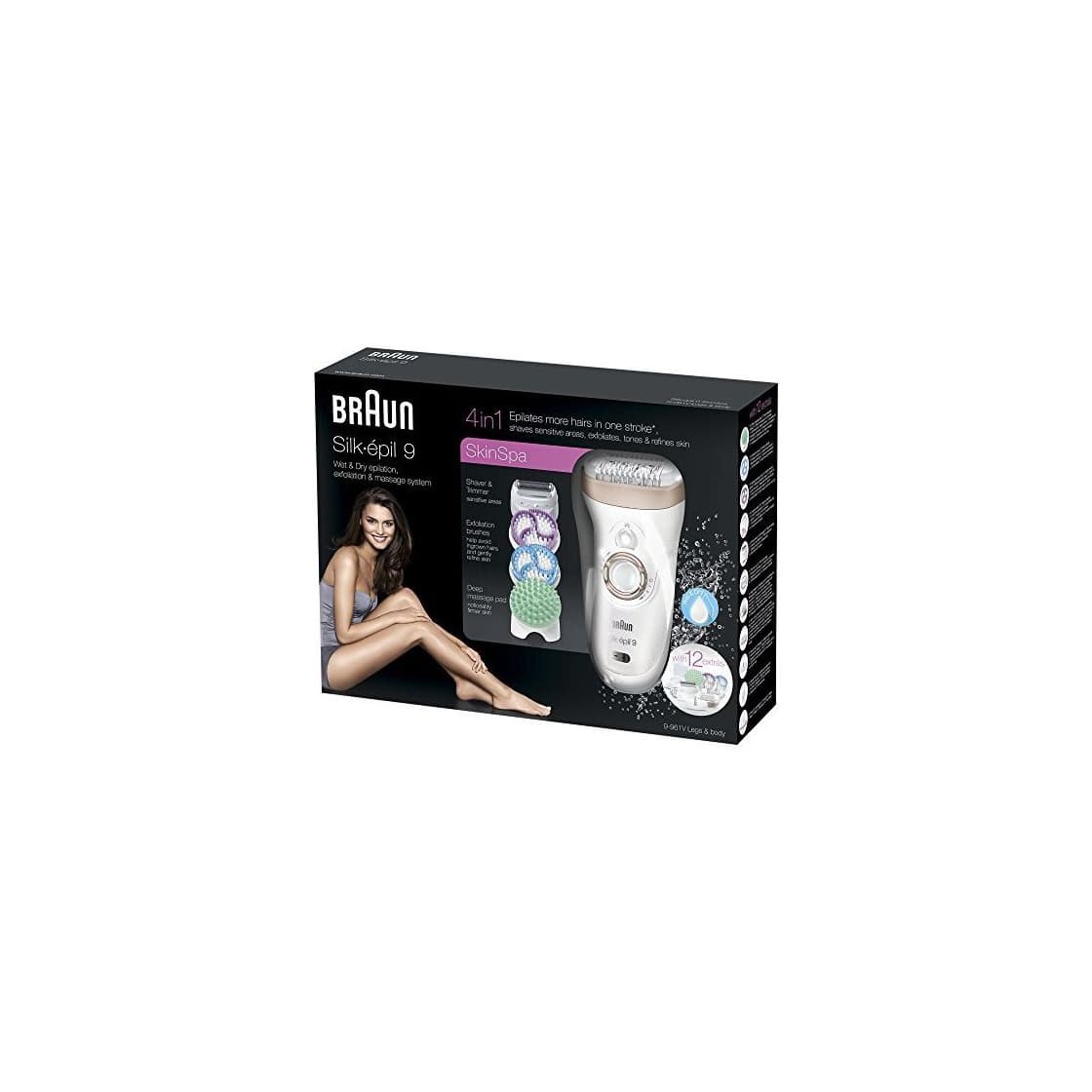 Beauty Braun Silk-épil 9 SkinSpa 9-961v Depiladora Wet&Dry (en húmedo y seco) con cepillos de exfoliación, cabezal de afeitado y almohadilla de masaje profundo