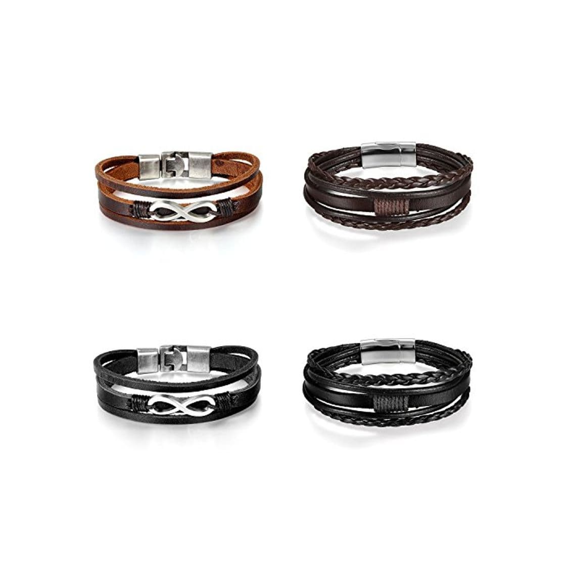 Moda Pulseras Cuero Juego de 4 Pcs Pulsera Infinito Acero Inoxidable Brazalete Trenzado