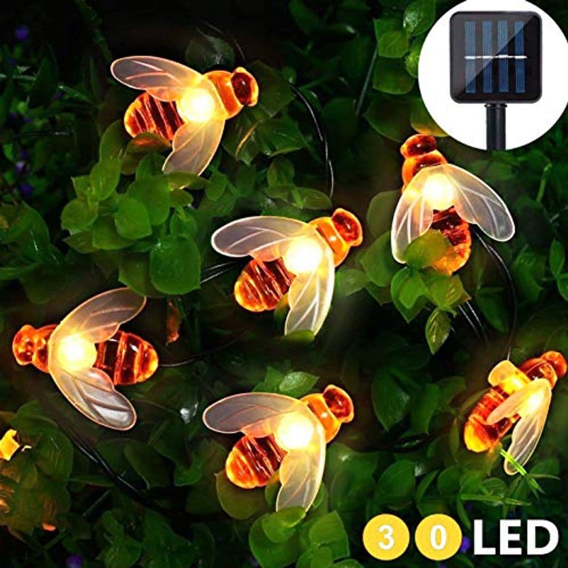 Product Cadena de Luces Solar 30 LED Guirnalda Luces Solares Exteriores Impermeables en forma de Abeja para Jardín Patio Árboles Césped Color Blanco Cálido