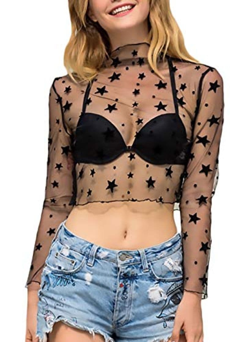 Producto Crop Top Mujer Verano Transparentes Gasa Sin Barriga Estrellas Manga Larga Especial