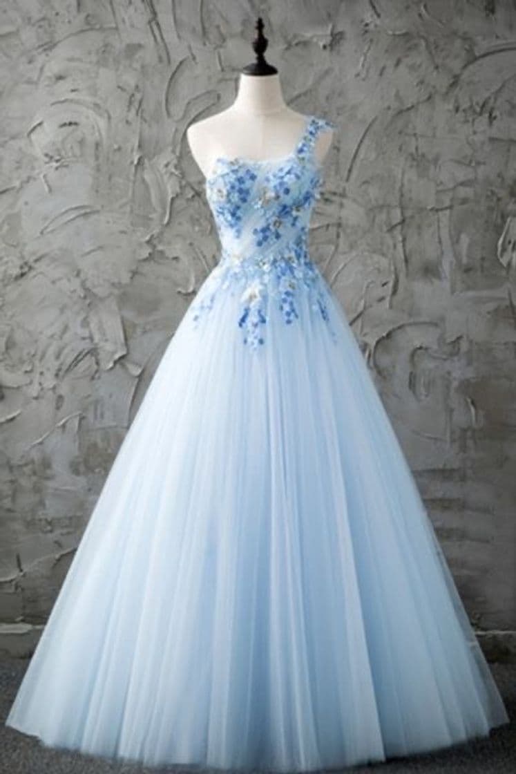 Fashion Fresh blue tulle one shoulder A-line long prom dress