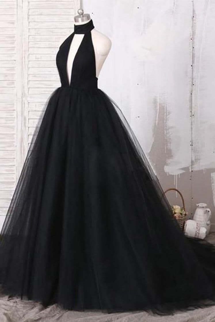 Fashion Ball Gown Halter Sleeveless Keyhole Backless Black Sexy Prom