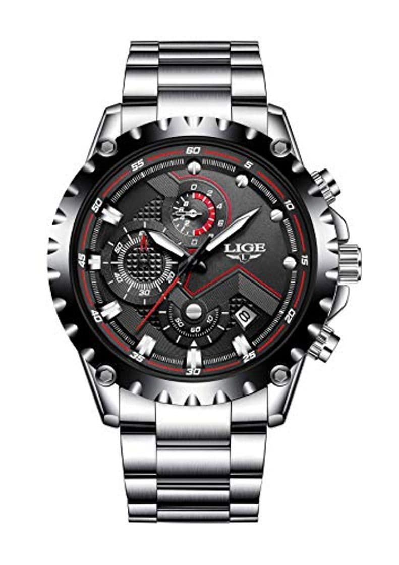 Moda LIGE Relojes para Hombre Negro Acero Inoxidable Moda Reloj Deportes Impermeable Gran