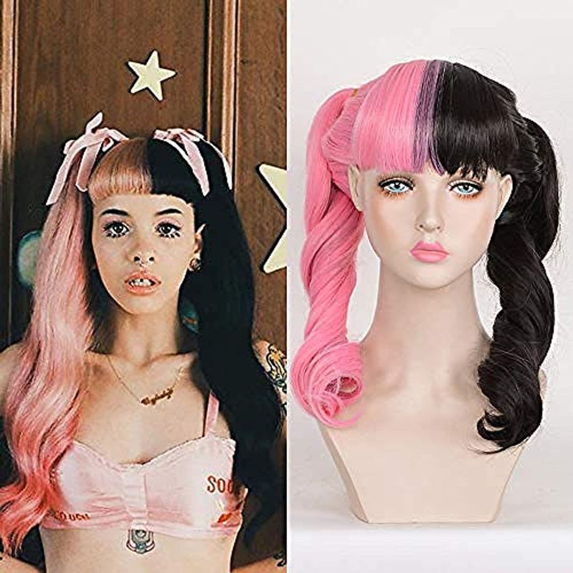 Producto melanie martinez cosplay peluca moda paquetes de cabello ondulado largo pelucas rosa y mitad negras para mujeres negras peluca diaria resistente al calor Halloween