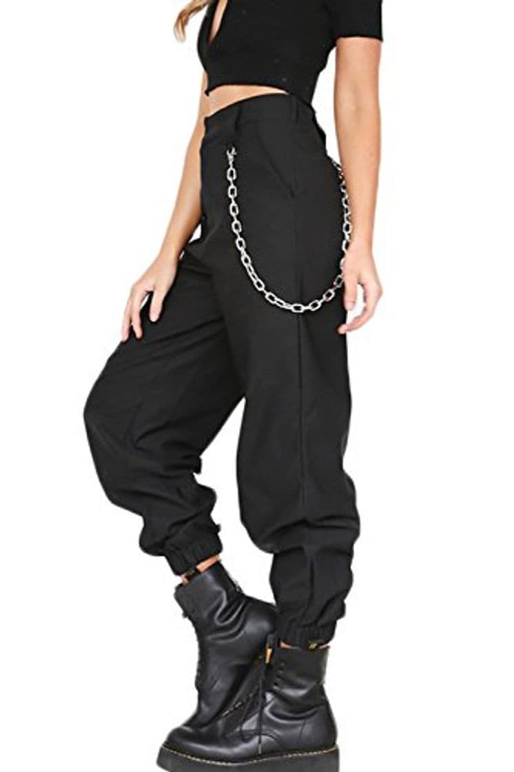 Producto YACUN Mujer Casual Pantalones Cargo Pantalon Hip Hop Jogger con Cadena Danza Streetwear Boyfriend Harem Black L