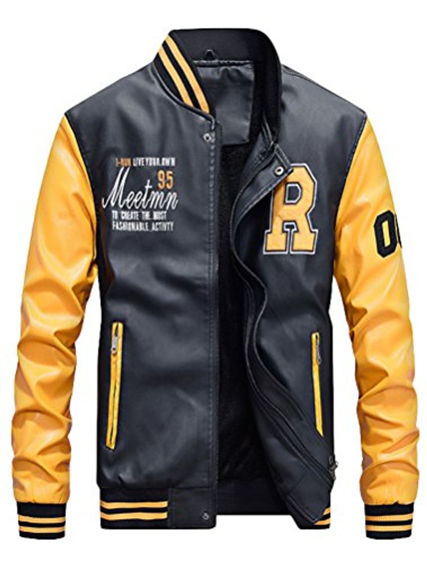 Fashion Vogstyle Hombres Cuero de Invierno la de Chaqueta de la PU de Béisbol con Chaquetas Amarillo M