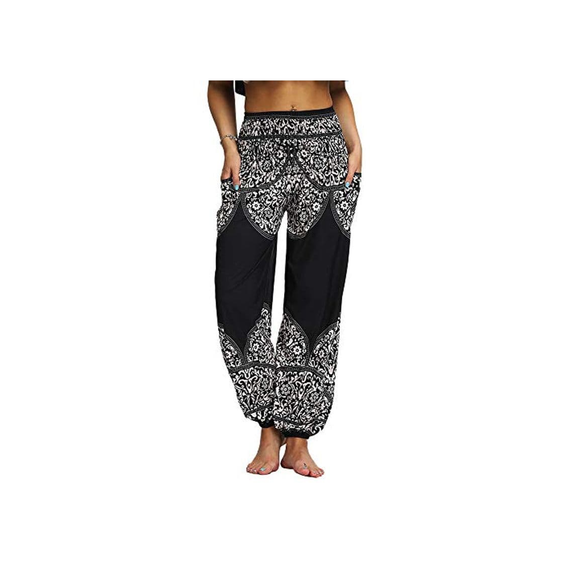 Producto Nuofengkudu Mujer Hippies Pantalones Harem Tailandeses Boho Estampados Bolsillos Cintura Alta Baggy