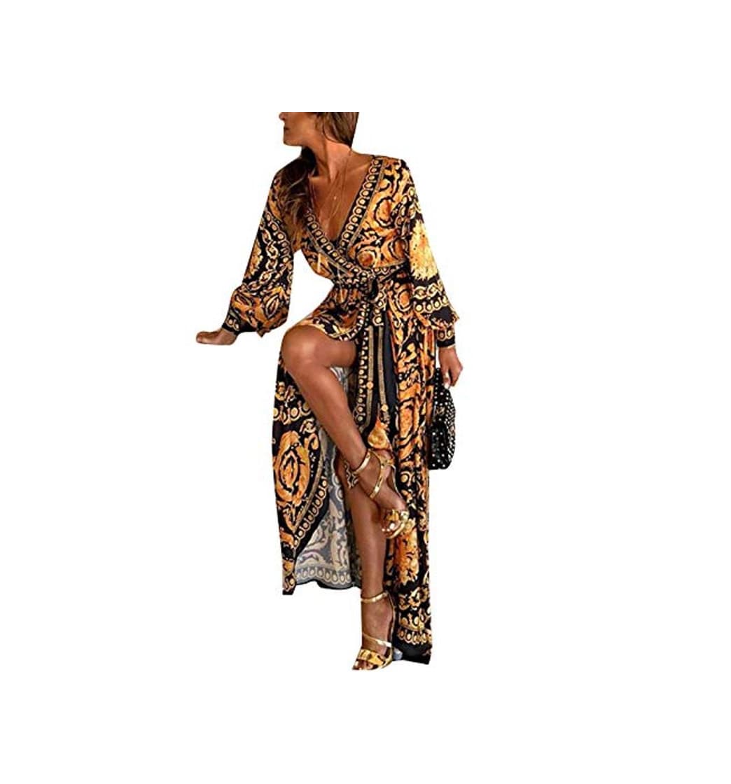 Producto Vestidos De Cóctel Africano Bohemio De Manga Larga Abrigo De Fiesta Maxi Vestido De Mujer Amarillo XL