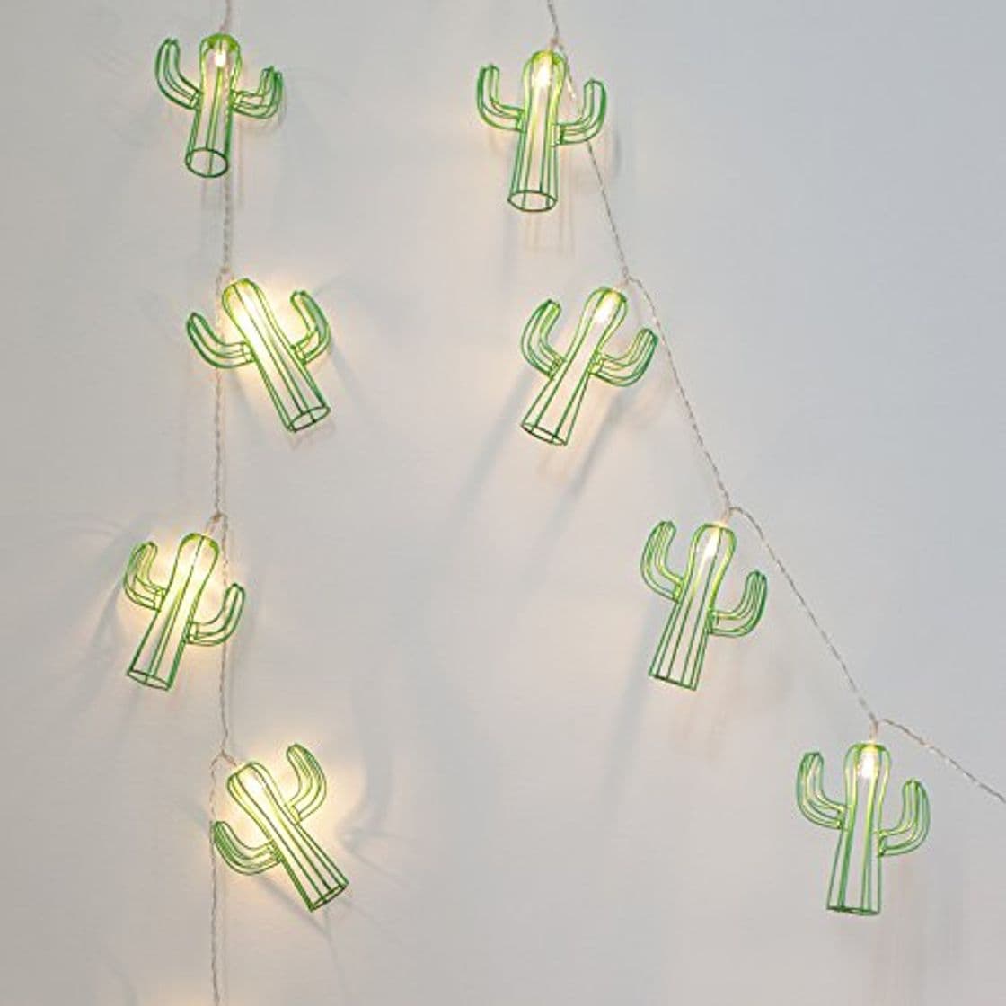 Producto Lights4fun Cadena de Luces a Pilas con 20 LED Blanco Cálido y Cactus de Metal Verde